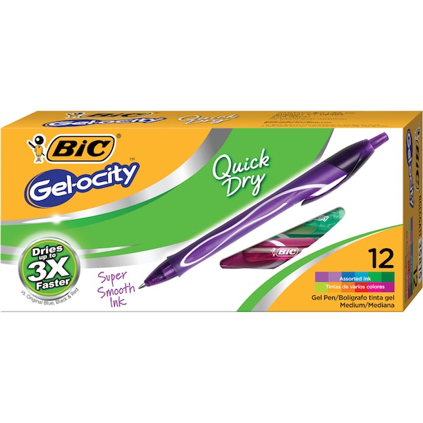 BIC Gel-ocity Quick Dry Retractable Gel Pens, Assorted Colors, PK12